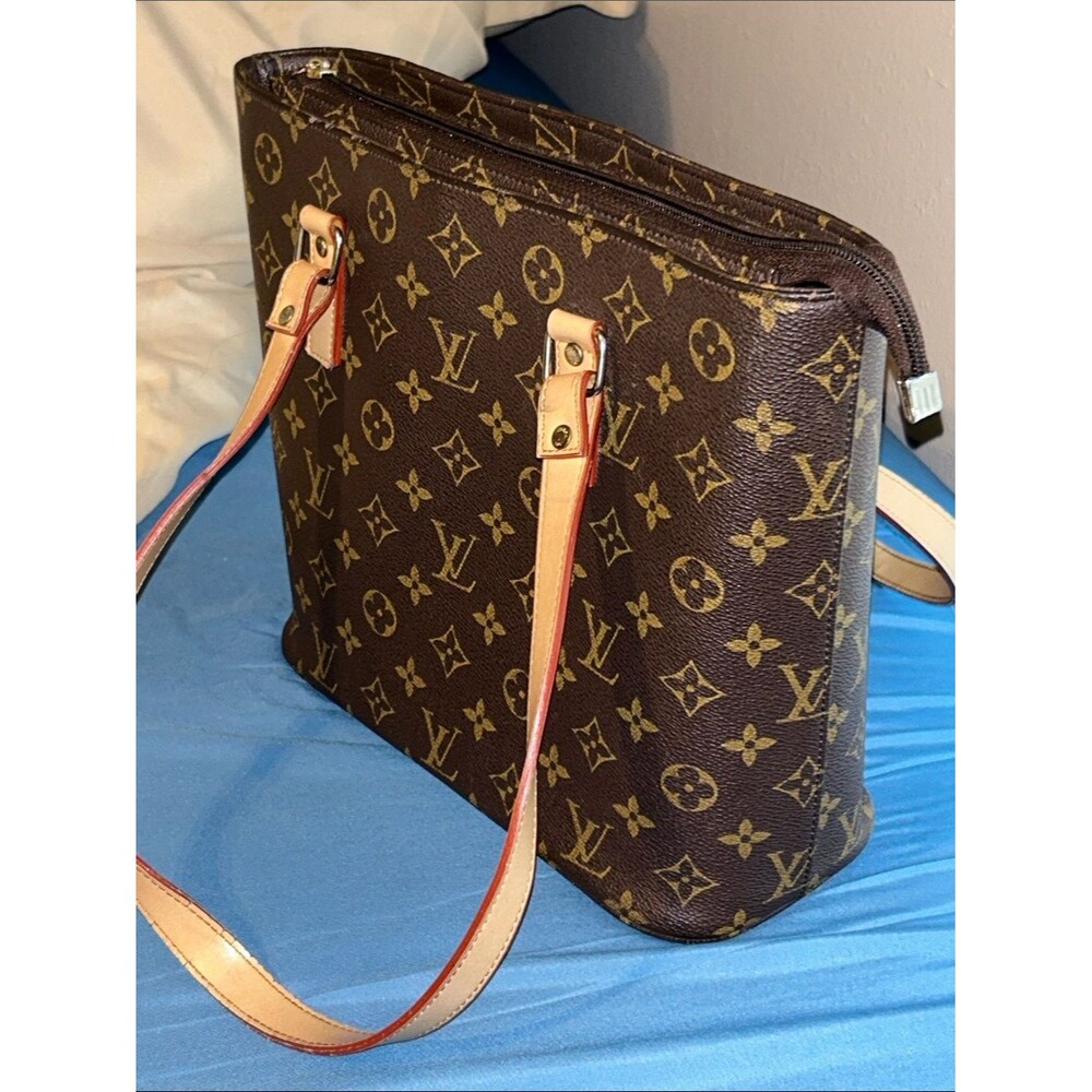 LV Design LV Logo Monogram Lined Canvas Tote Natural Red Lined 2 Straps Pocket - Picture 10 of 10